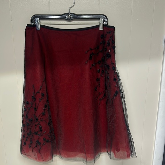Vintage Y2K Victor Costa 12 Red Tulle Overlay Floral Skirt Whimsygoth 100% Silk - Picture 1 of 10